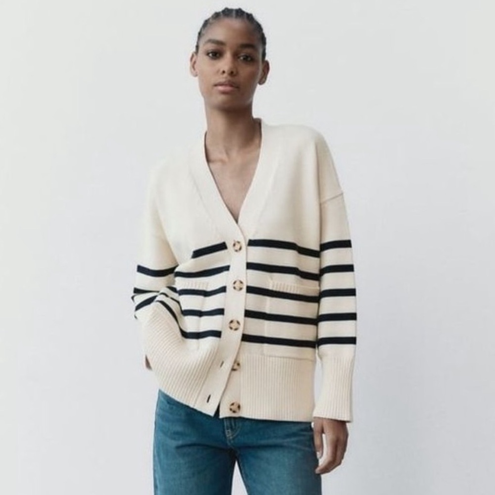 ZARA Stripe Cardigan Sweater in Ivory and Black‎ Stripes button front
